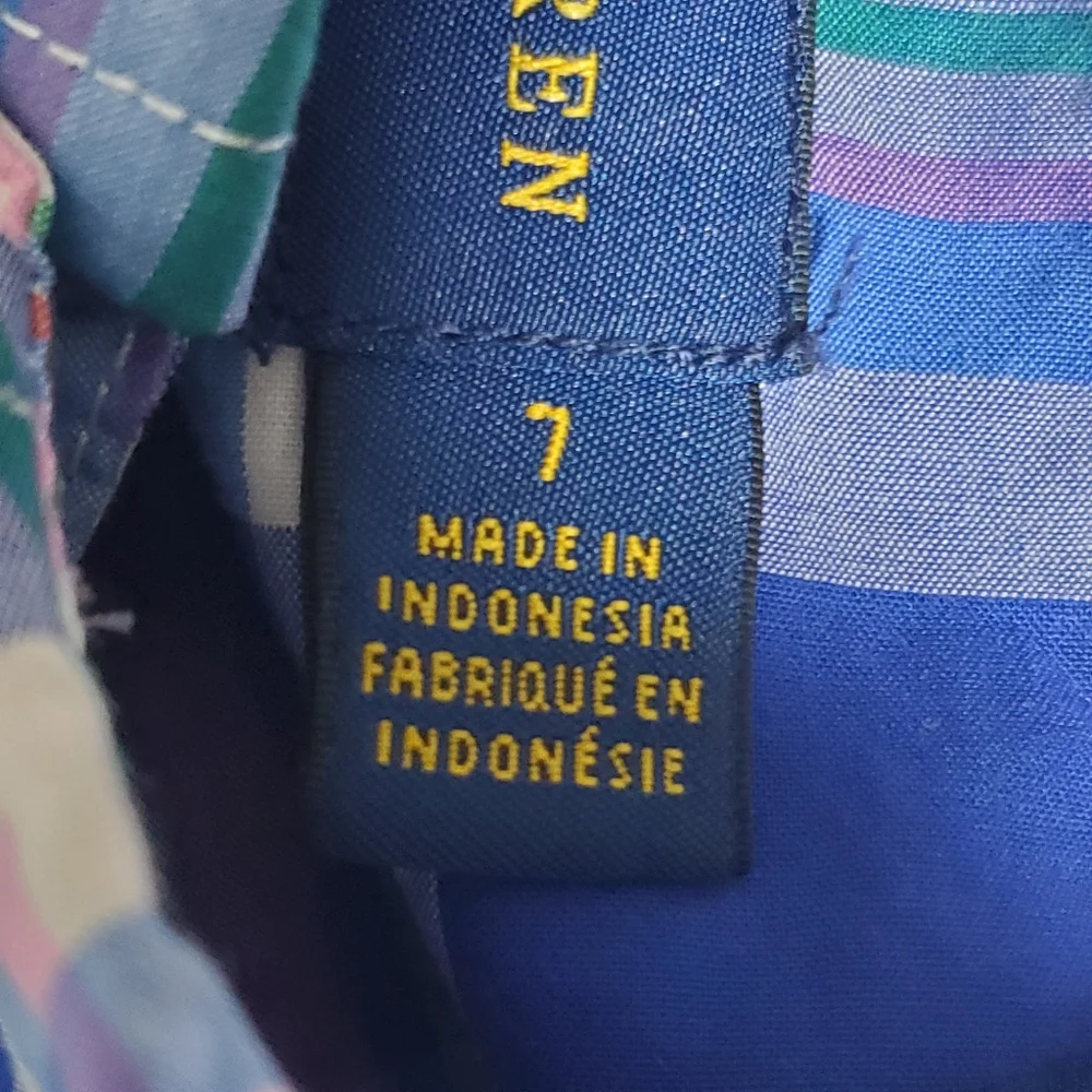 Ralph Lauren Boy blue plaid button down shirt Oxford Natural stretch Size 7‎
